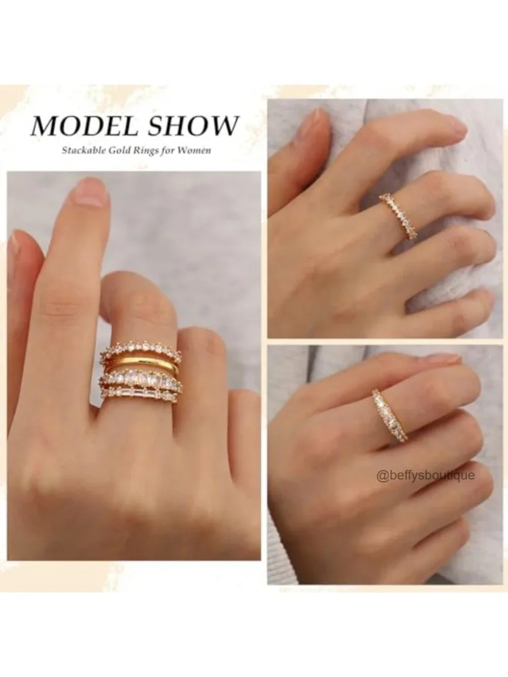 14K Gold Plated Stacking Ring Set for Women Non Tarnish Cubic Zirconia Hip-Hop